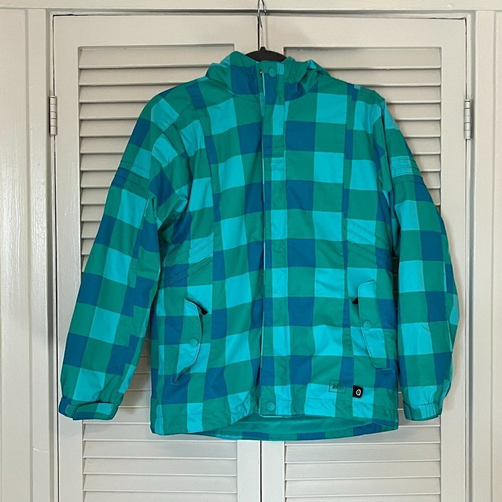 REI ski snow jacket girls large 14-16 checkerboard plaid green blue